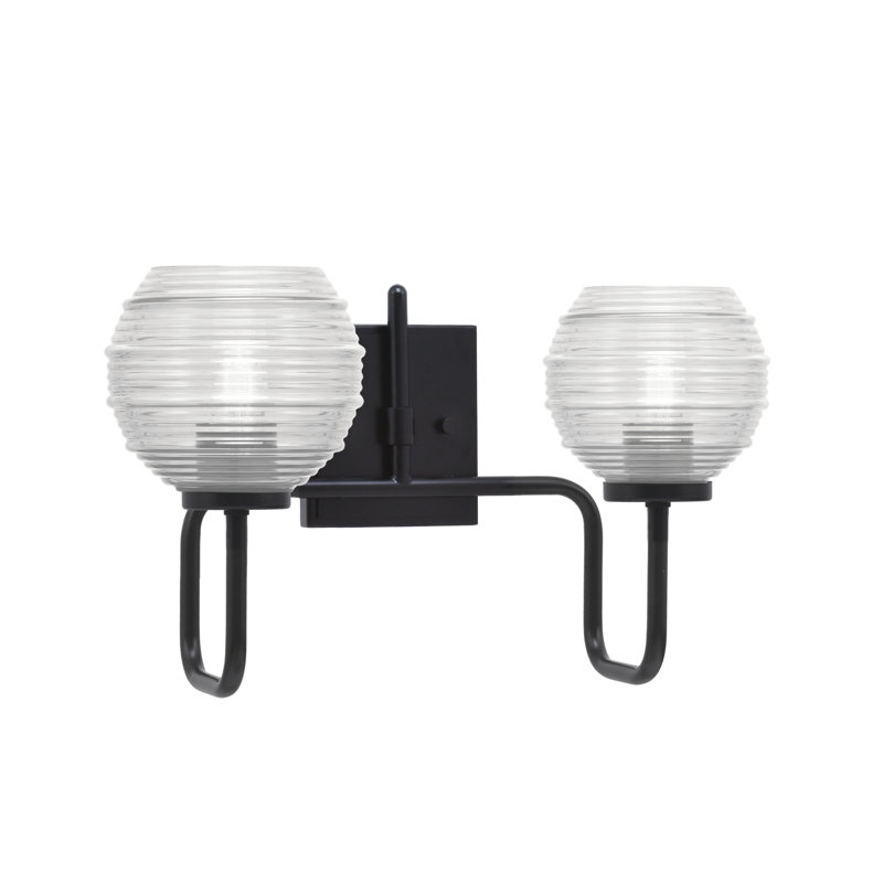 Barre d'éclairage de salle de bain 2 lumières Amarmula, finition noir mat, verre côtelé transparent de 6 po, Clair, Noir