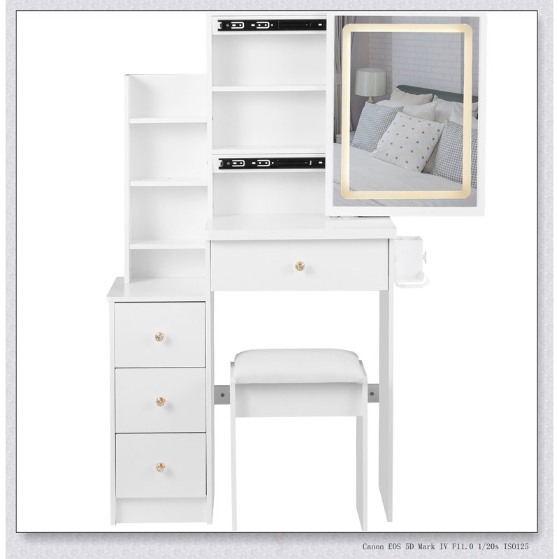 Compact 29.2-Inch Vanity Table With LED Mirror, Power Station, And Hair Dryer Bracket For Small Bedrooms, White