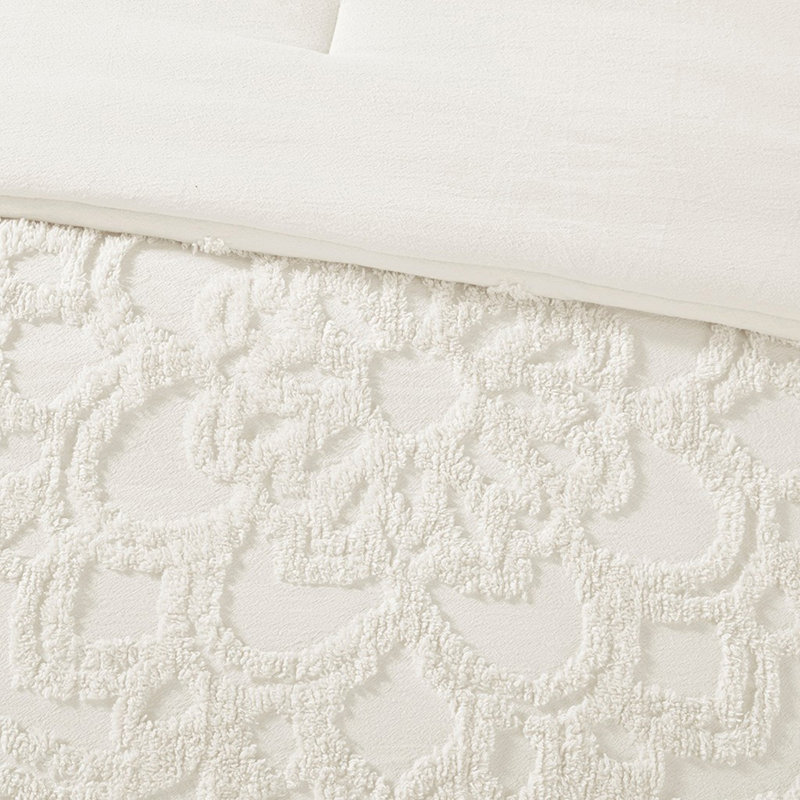 Ensemble d'édredon 3 pièces médaillon en chenille de coton blanc cassé, Édredon double / double