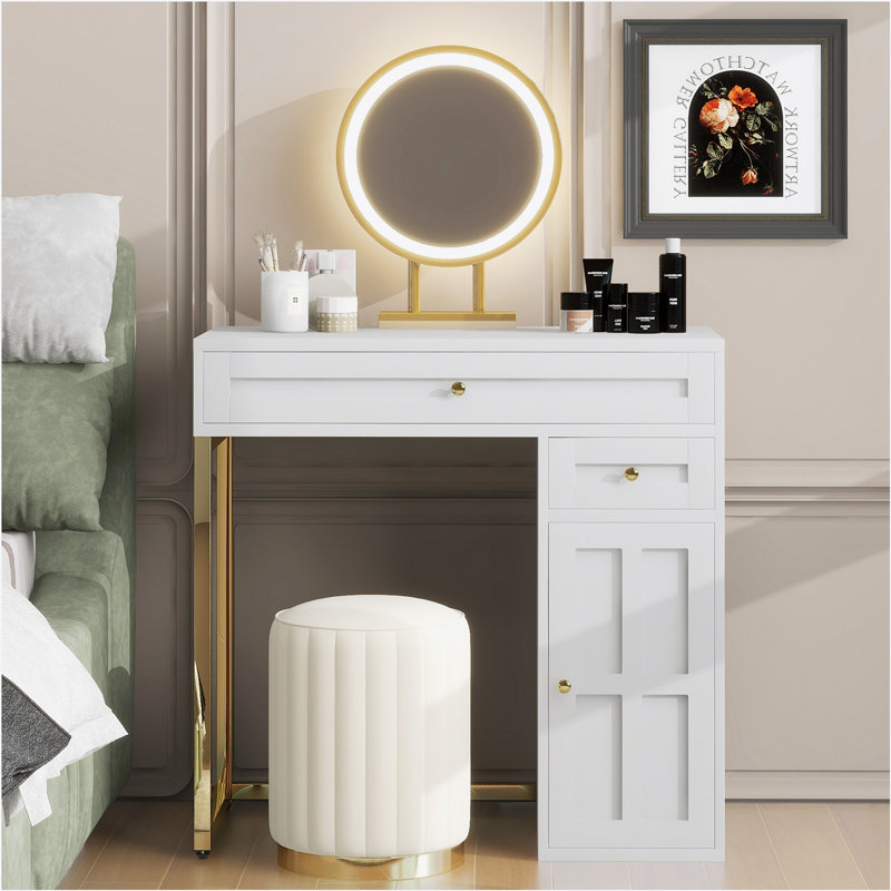White and Gold 31.5'' Makeup Vanity Desk with Lighted Mirror
