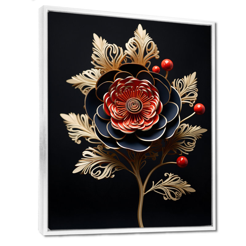 Red Glam Peony Golden Leaves - impression d'art mural pivoine, Cadre flottant blanc, bois massif