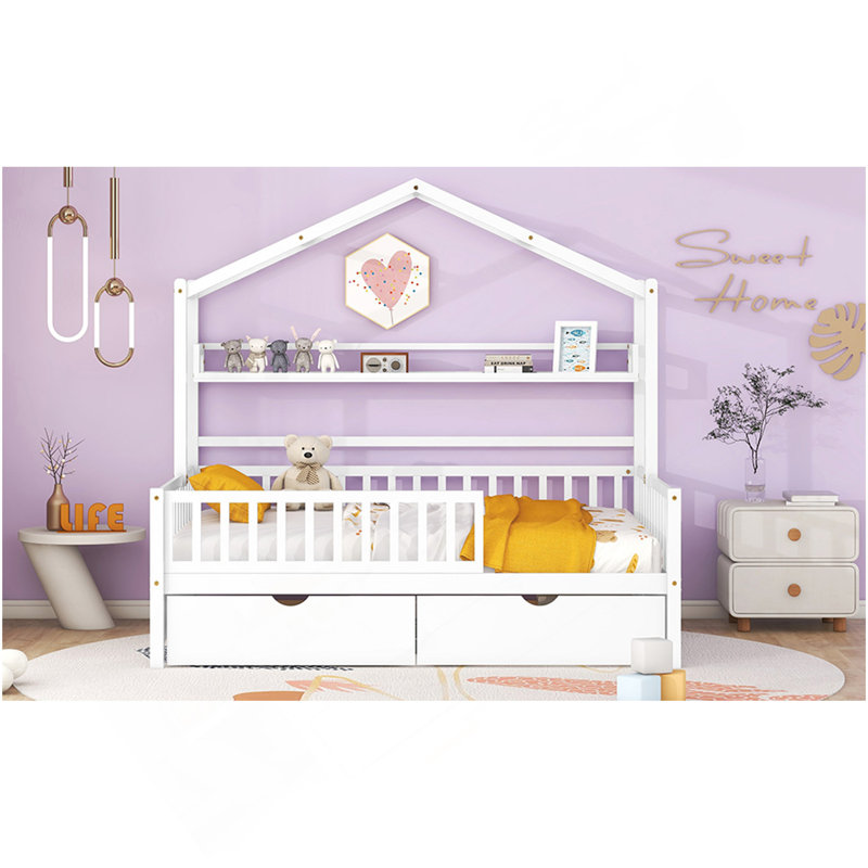 Lit double en bois avec 2 tiroirs, lit avec tablette de rangement, blanc