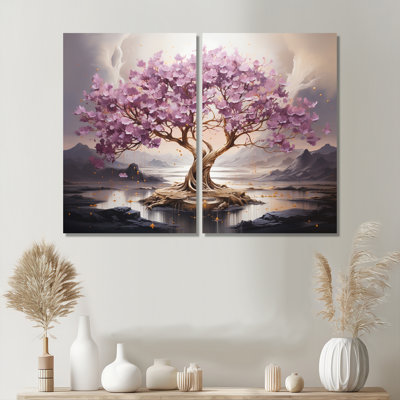 Arbre de fleurs de cerisier mauve au bord du lac I - art mural sur toile mauve 2 pièces