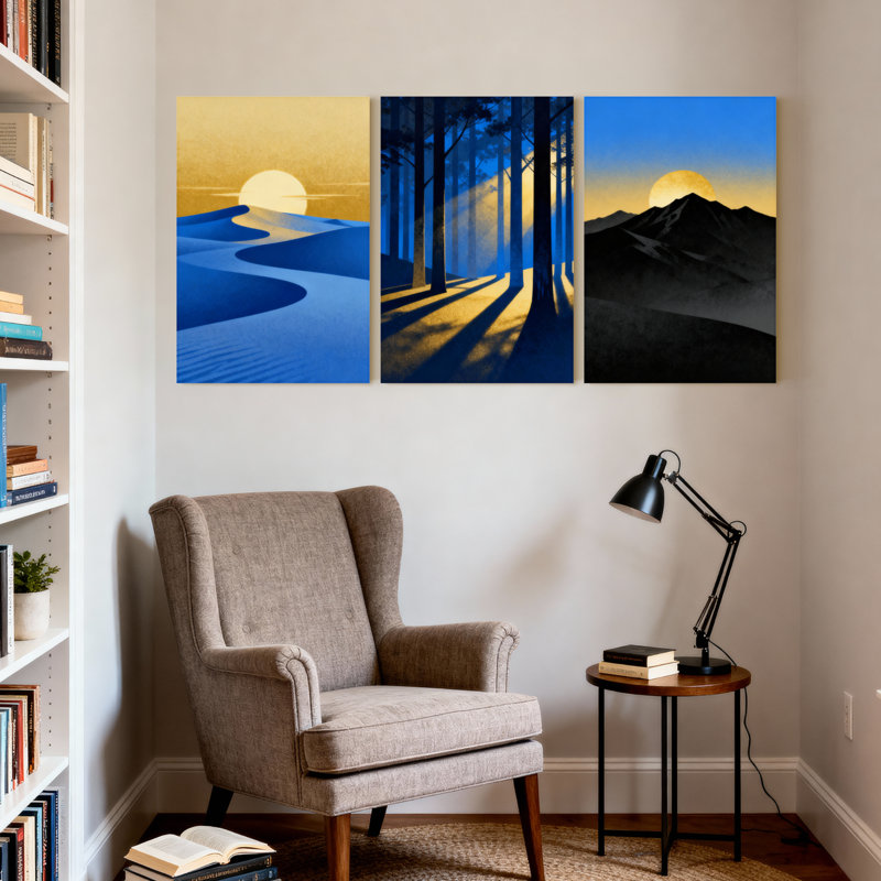 Abstrait, coucher de soleil, désert, forêt, montagne, lever de soleil, ensemble de 3 impressions sur toile, H 18 po x l 36 po