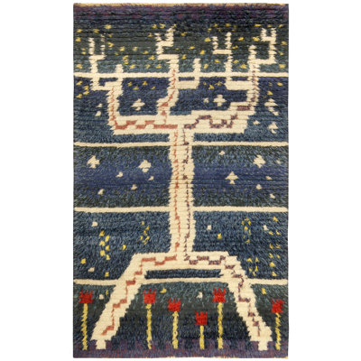 Vintage One-of-a-Kind Rectangle 3'3" x 5'3" 1940s Rectangle Wool Area Rug in Beige and Blue