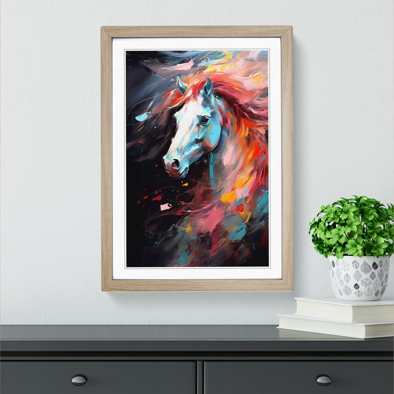 Pony Gestural - Single Picture Frame Print on Wood, 34cm H x 25cm W x 2cm D, Oak Framed