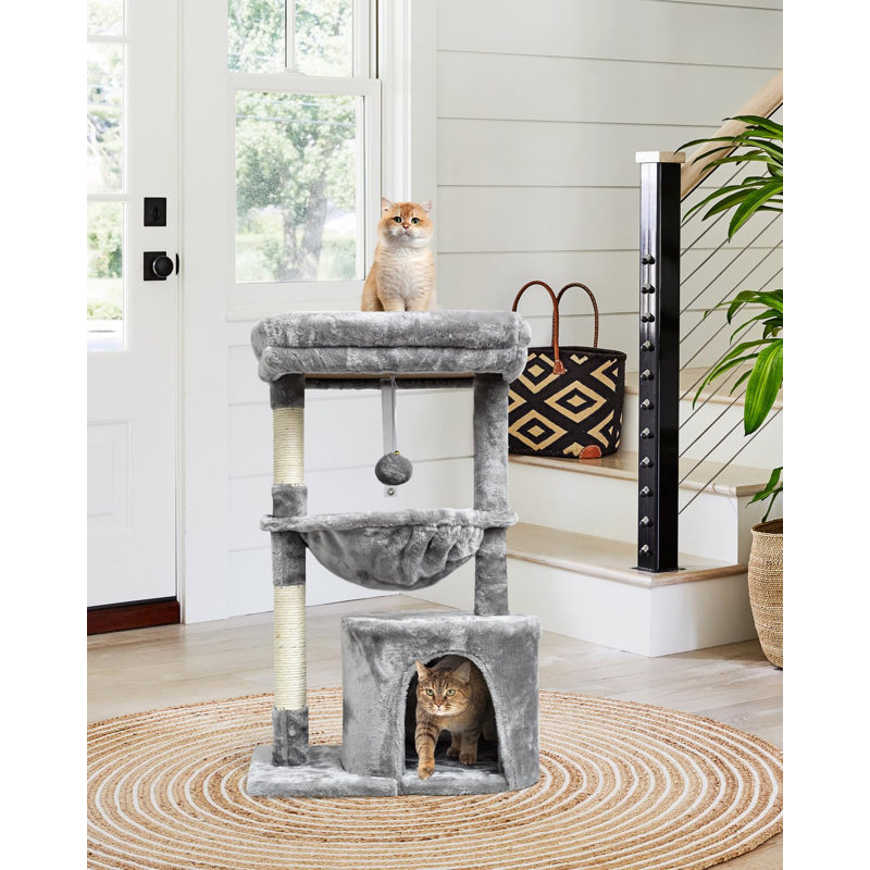 Arbre à chat pour chats d'intérieur, tour pour chat avec poteau à griffer, maison pour chat moderne avec perchoir rembourré, maisonnette pour chatons avec berceau, gris
