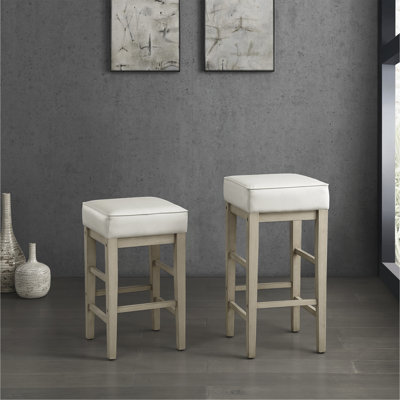 Transitional White Faux Leather Seat 24-Inch Counter Height Stools Set Of 2 Finish Solid Wood Frame