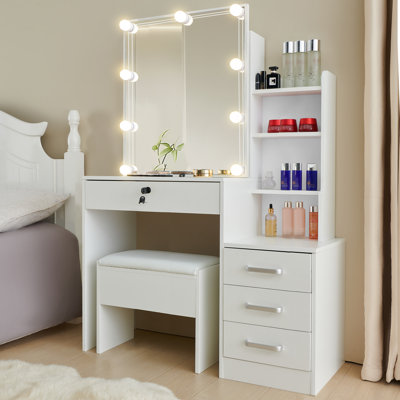 Azore Modern Dressing Table with LED Bulb Mirror, Storage Drawers and Stool