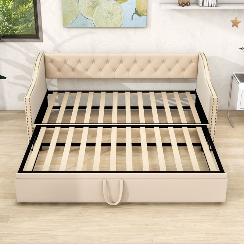 Versatile Twin Velvet Daybed with Twin Trundle, Beige