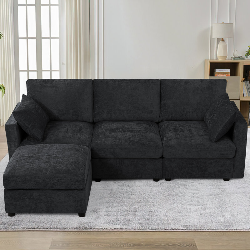 84" Chenille Sectional Sofa With Reversible Ottoman, Modern Couch With Upholstered Cushion, Comfy 3-Seat Sofa For Living Room, Office
