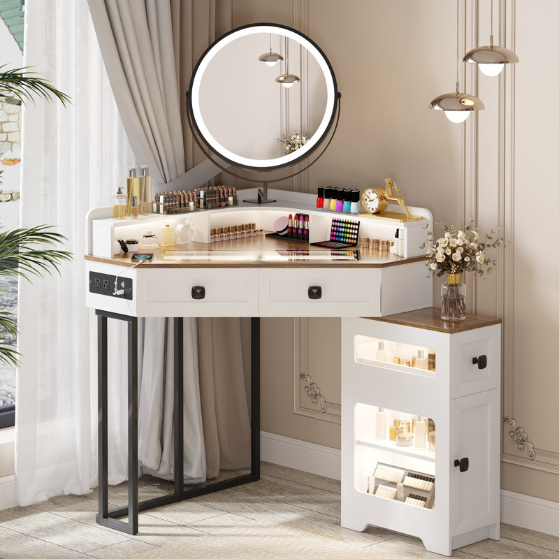 Dressing Table with Mirror, White/Brown