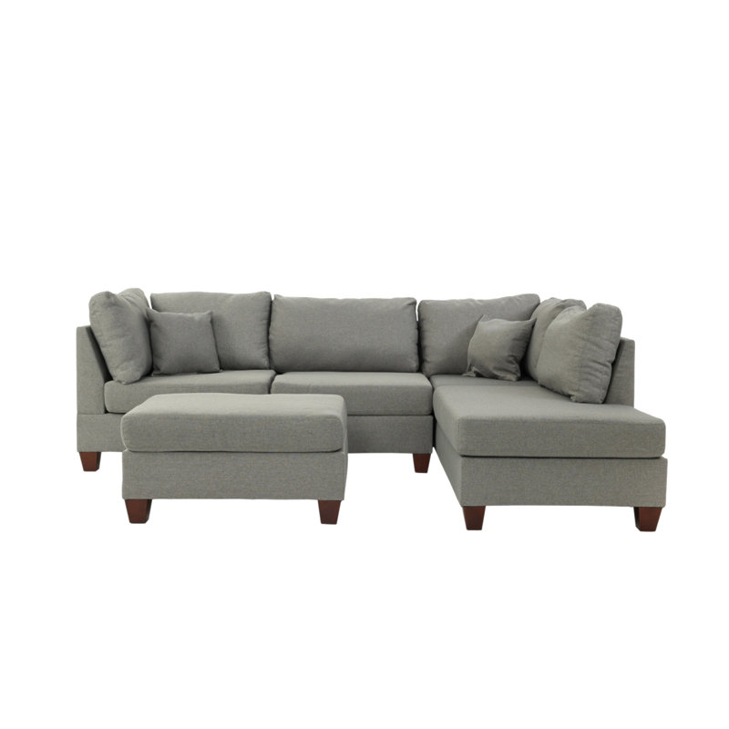 Reversible Polyfiber Sectional Sofa With Ottoman, Grey