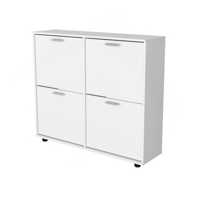 White Tilt-Out Shoe Storage Cabinet With Multiple Compartments And Modern Desig