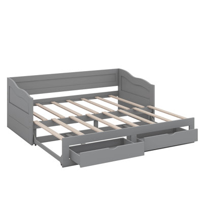 Wooden Twin Daybed With Pull-Out Trundle And Dual Storage Drawers, Expandable Daybed Frame