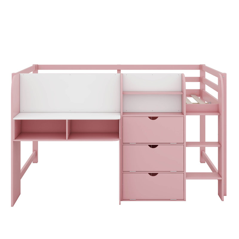 Full Size Low Loft Bed With Built-In Desk,Storage Cabinets And Open Bookcase,Whiteboard For Graffiti, Pink