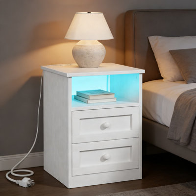 Table de chevet moderne à DEL avec station de charge et 2 tiroirs - Table de chevet en bois blanc avec lumières intégrées, ports USB et rangement pour la chambre à coucher