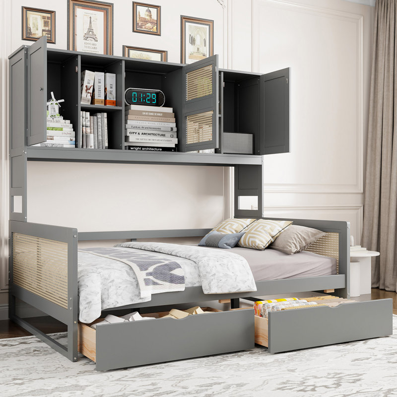 Wooden Daybed With 2 Drawers, And All-In-One Cabinet And Shelf, Grey, Full / Double