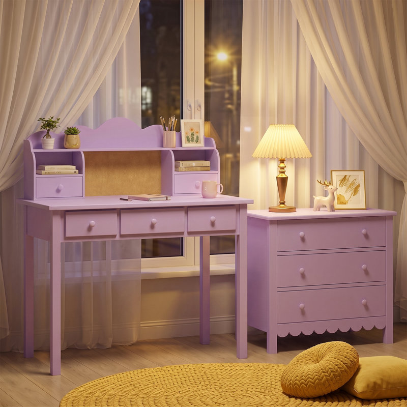 Bureau d'étude en bois massif 2 pièces avec prises et ensemble de 3 tiroirs assortis, Mauve