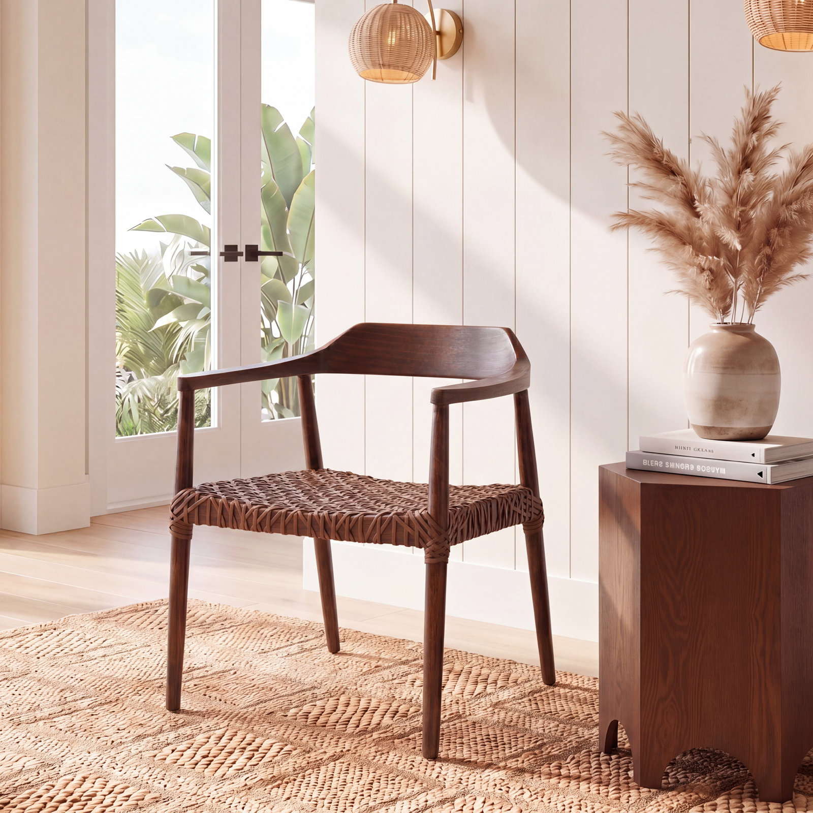 Bruna 22'' Wide Dining Chair, Medium Oak, Cognac Genuine Leather