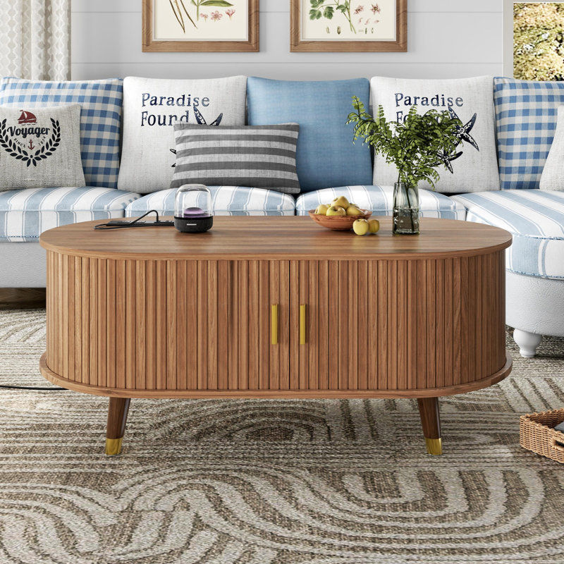 Coffee Table With Charging Station,Sliding Tambour Door & Storage, Walnut