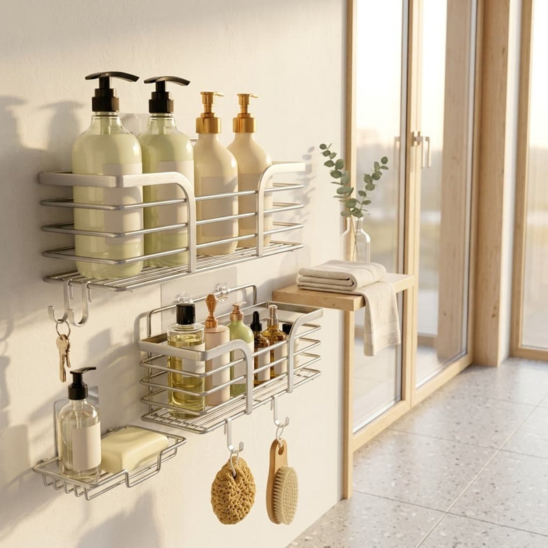 Étagère de douche murale argentée sans perçage, organisateur de salle de bain et de cuisine avec porte-savon et crochets