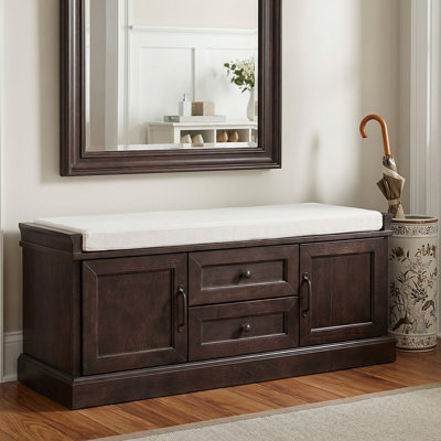 Living Room Shoe Bench With Hidden Storage - 2 Cabinets, Removable Cushion, Retro Aluminum Handles