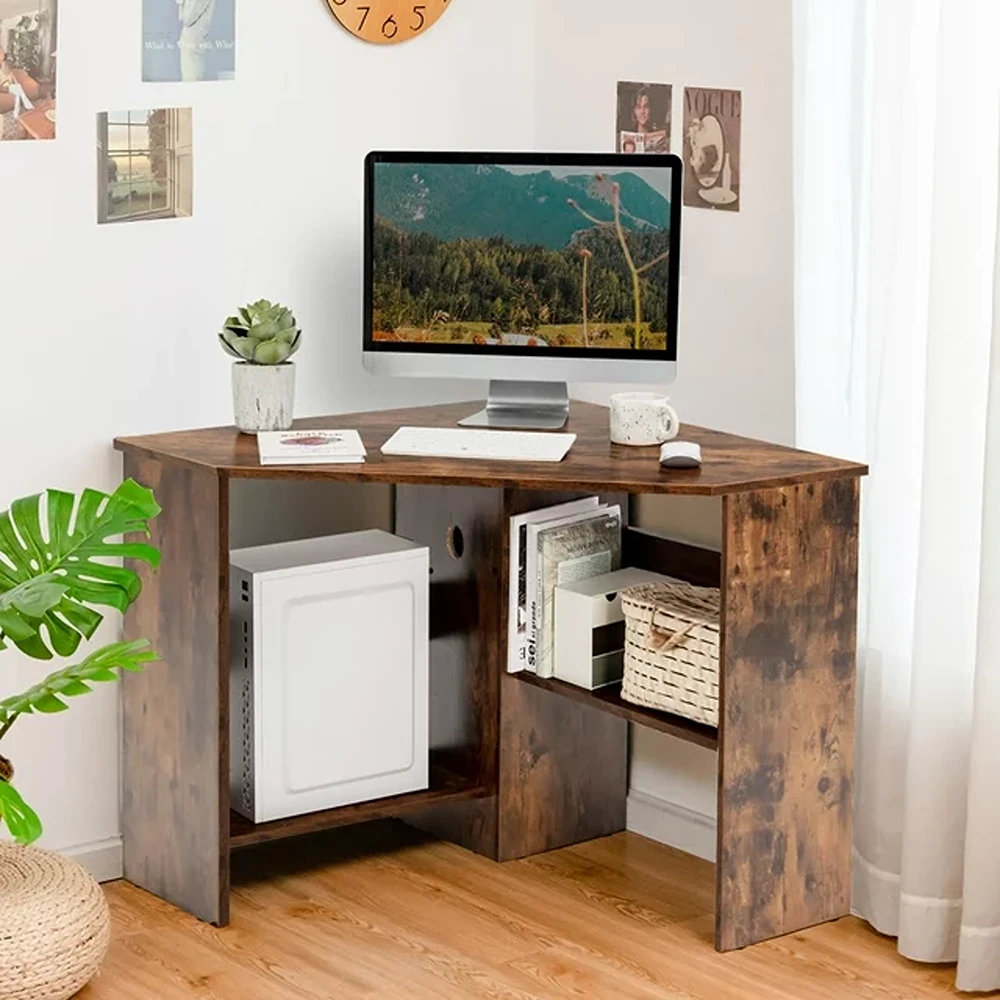 Costway L-Shaped Reversible Computer Desk 2-Person Long Table w/Monitor  Stand Rustic Brown