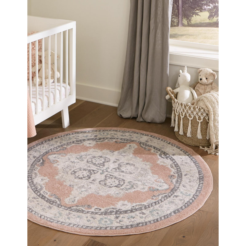 Tapis oriental rose / gris / ivoire Saira, Rond 7 pi 10 po