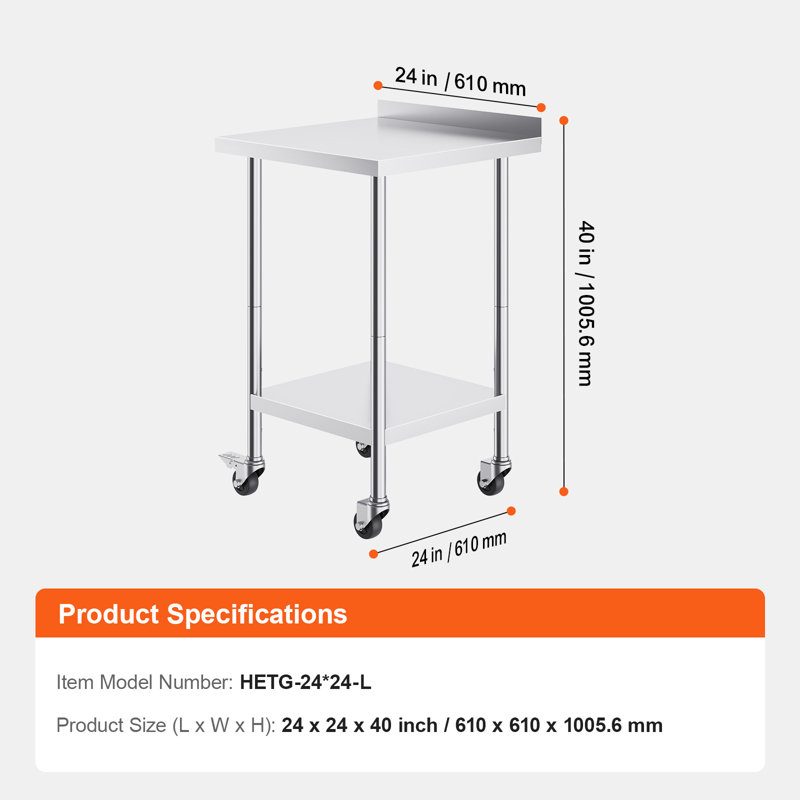 Table de travail en acier inoxydable 61 x 61 x 102 cm, table de préparation alimentaire professionnelle avec roulettes, table de travail robuste, table de travail en métal à hauteur réglable pour restaurants, maisons et hôtels