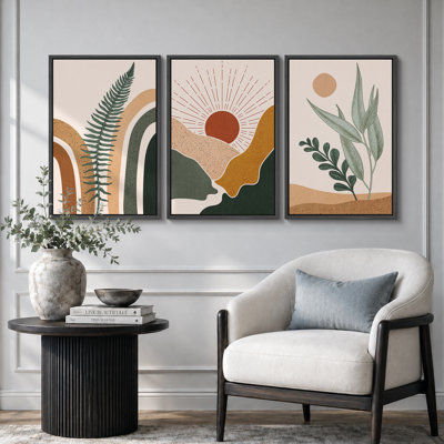 «Mid Century Modern Boho», feuille de fougère abstraite et paysage du désert