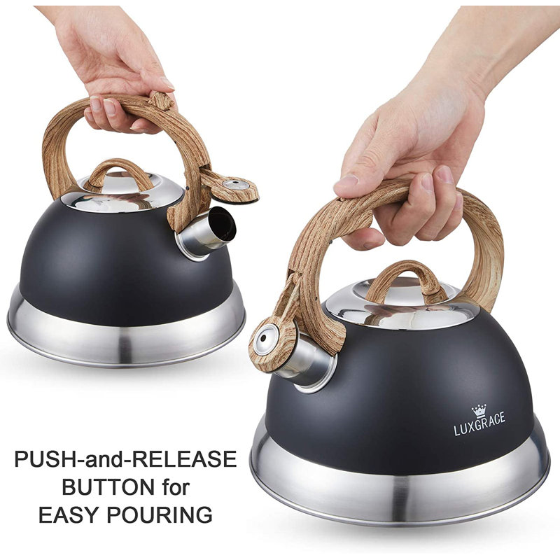 Opaque Black Stainless Steel Whistling Tea Kettle with Wood Handle