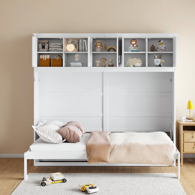 Grand lit escamotable à armoire murale avec armoires supérieures, Blanc