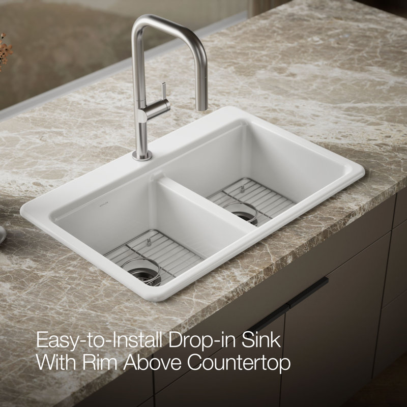 Riverby 33 In. Top-Mount Double-Bowl Kitchen Sink, 1 hole, White, Double-equal bowls