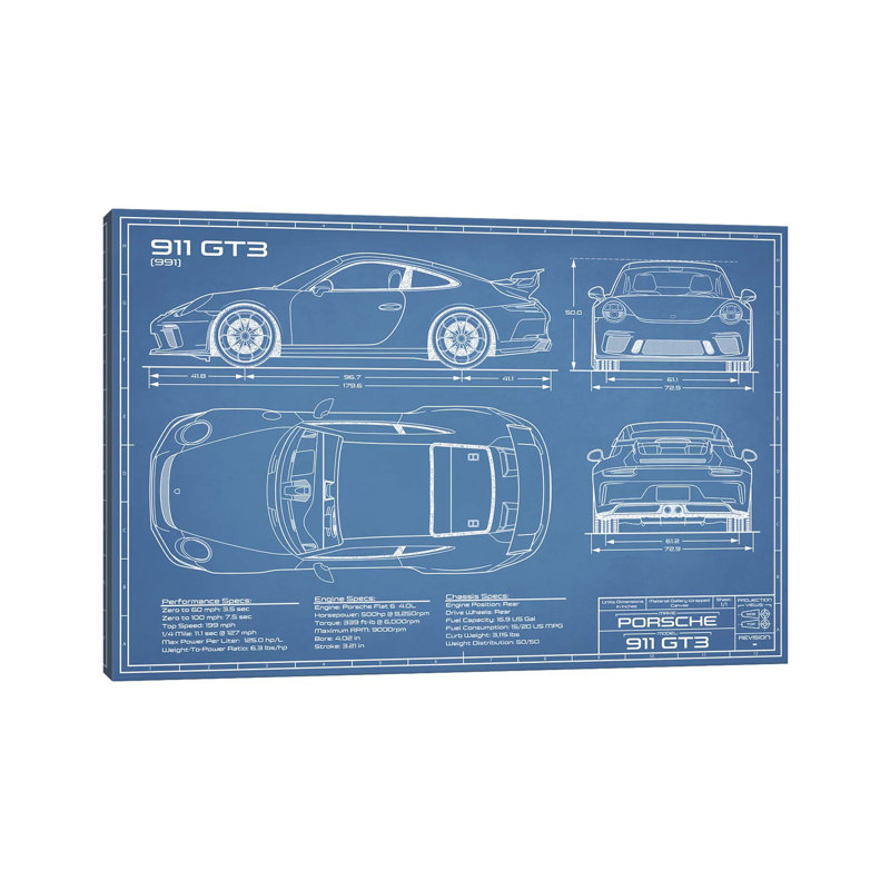 Porsche 911 GT3 Blueprint by Action Blueprints - Wrapped Canvas Print, 30.48 cm H x 45.72 cm W