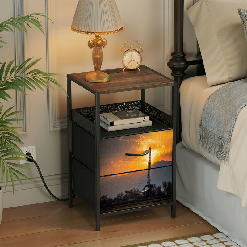 Table de chevet 2 tiroirs avec station de charge, table de chevet pour chambre avec ports USB et amp; Imprimé Outlets Outlet