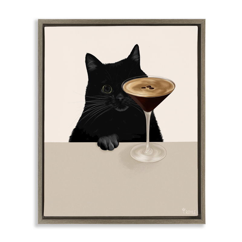 Chat et espresso, art martini encadré par Tara Royle, Cadre flottant orme Montalcino, H 21 po x l 17 po