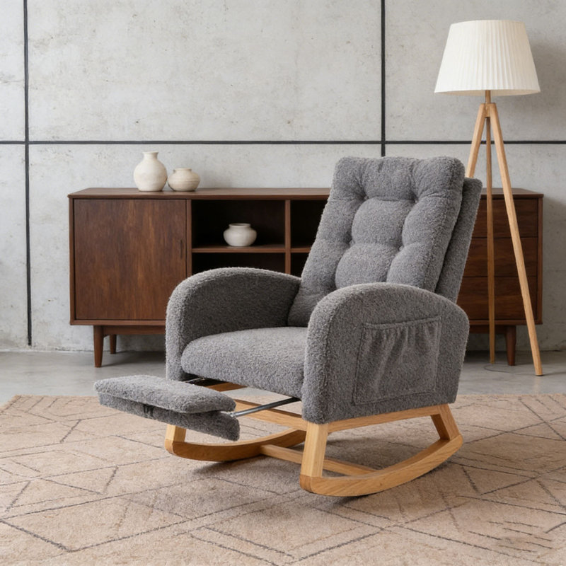 Chaise berçante d'appoint avec repose-pieds en bois d'hévéa à haut dossier, Gris foncé
