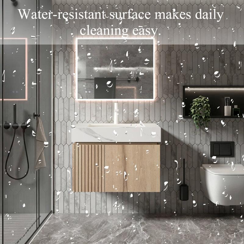 Meuble-lavabo suspendu de luxe de 61 cm avec lavabo en céramique, style familial moderne, meuble-lavabo suspendu de style milieu du siècle, armoire de salle de bain en pierre frittée