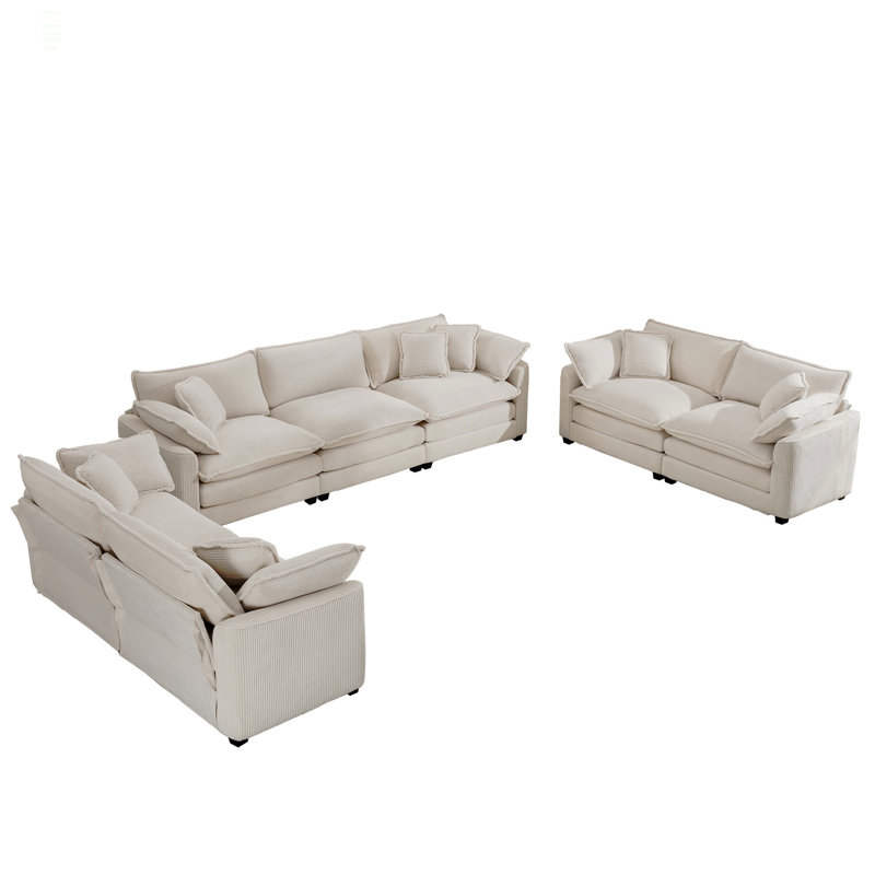Ensemble de canapé de salon moderne en tissu 2 pièces, 2 canapés 2 places et 1 canapé 3 places, ensemble de 3 canapés rembourrés avec coussins et coussins confortables, tissu velours côtelé beige clair
