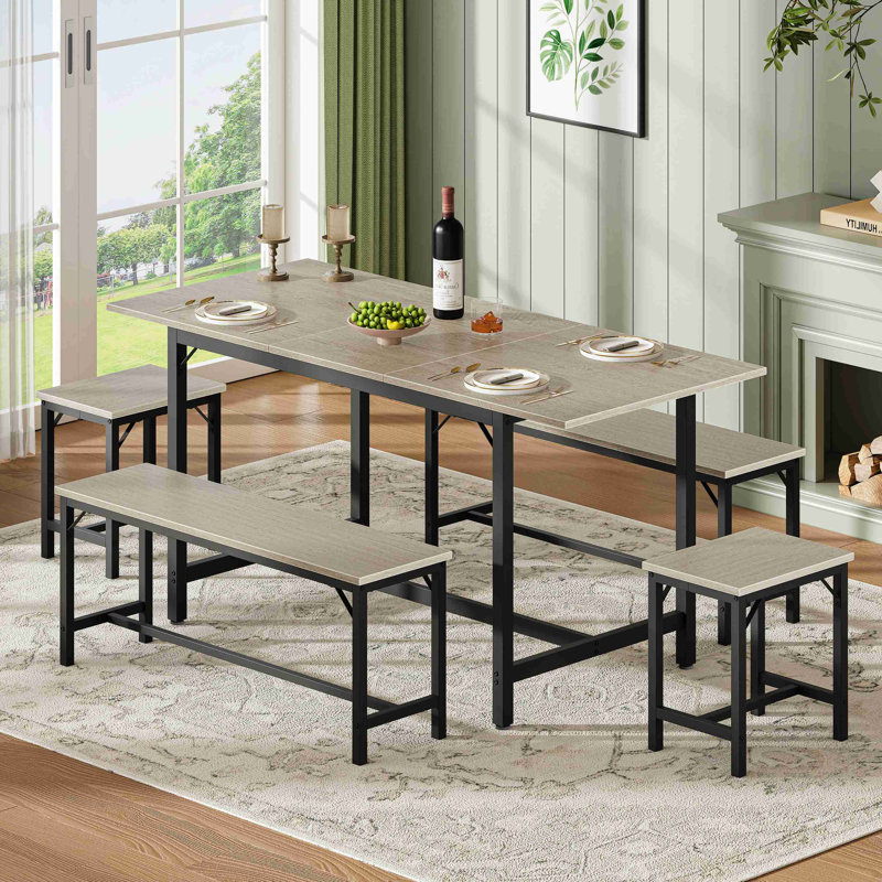 Ensemble de table de salle à manger extensible pour 4-8, grande table de cuisine extensible de 63 po avec 2 bancs et 2 tabourets, plateau en bois moderne et structure en métal, peu encombrant, facile à assembler