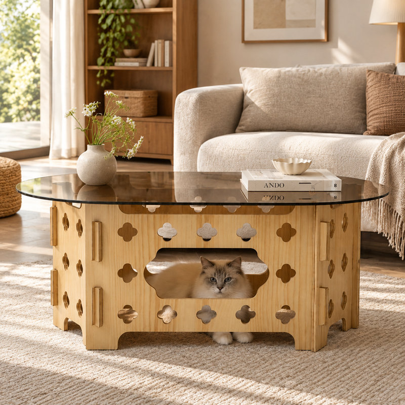 Table basse ovale de 98 x 58 cm avec dessus en verre caramel et piètement en bois sculpté