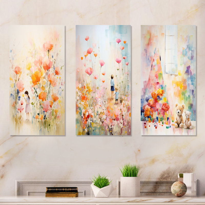 Whimsical Kids Floral Haven I - Ensemble de 3 décorations murales pour enfants, Toile tendue, H 40 po x l 60 po