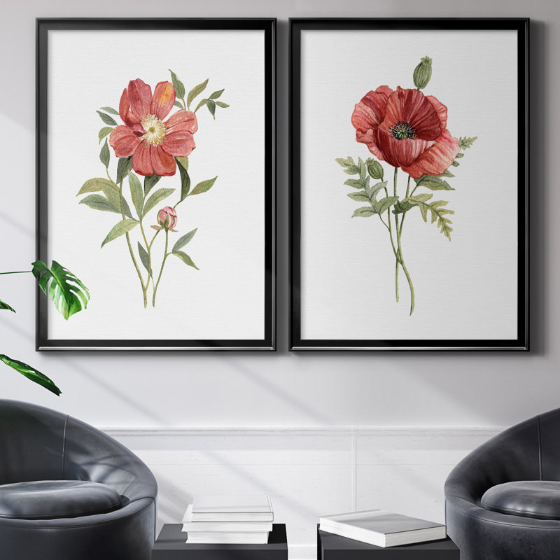 Pivoine écarlate - ensemble de 2 reproductions d'art, H 26,5 po x l 73 po x P 1,5 po, Toile avec cadre noir, Pas de tapis