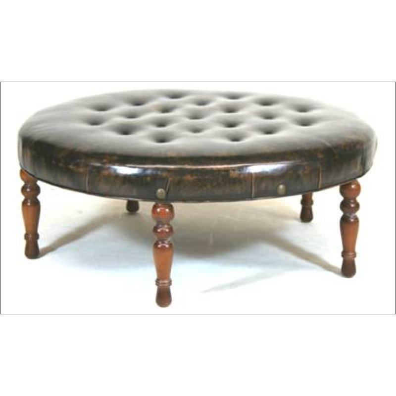 Round Leather Ottoman, Hair Hide Zebra in the Wild, Old Gold E, Brushy Bayou