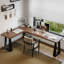 Bureau brun en bois massif en forme de L + fer-108839990-108839987