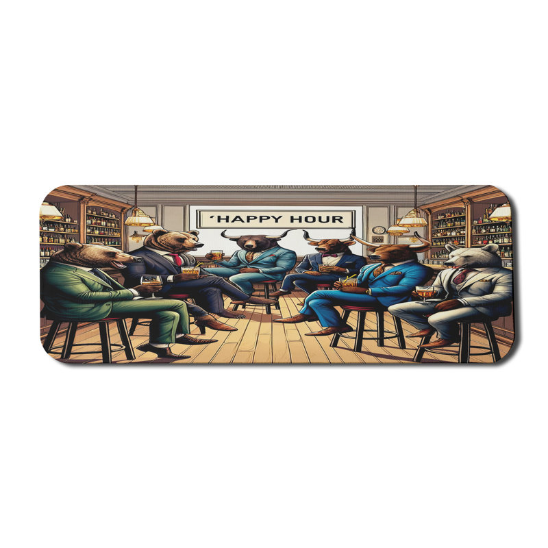 Charlton Home® - Tapis de souris de jeu humoristique «Happy Hour Bulls and Bears» 31 po x 12 po brun sable multicolore