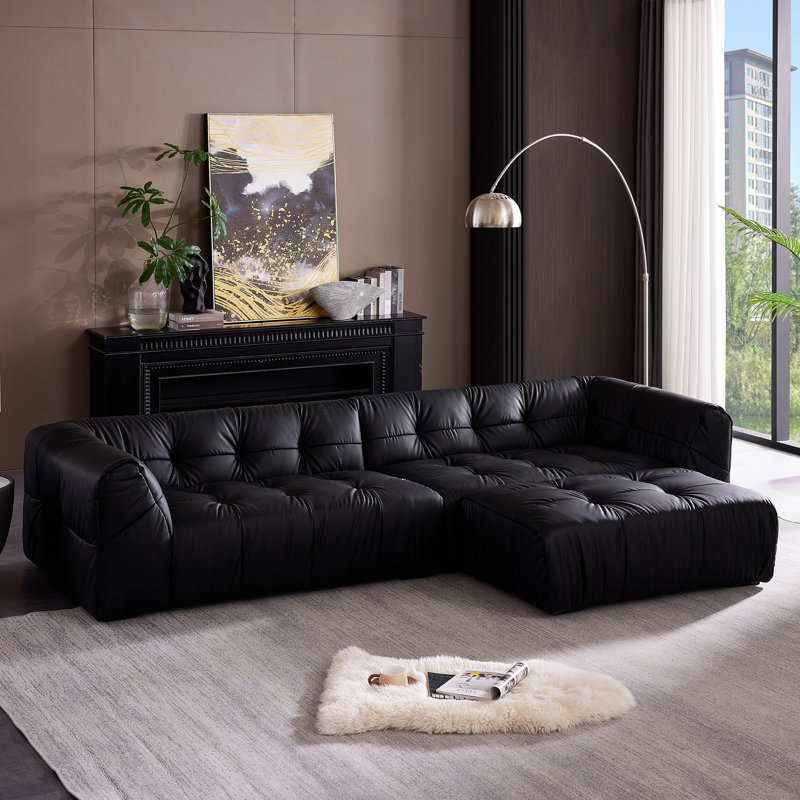 3 - Piece Leather Sectional Sofa,Modern L-Shaped Sectional Couch With Ottoman For Living Room, Black