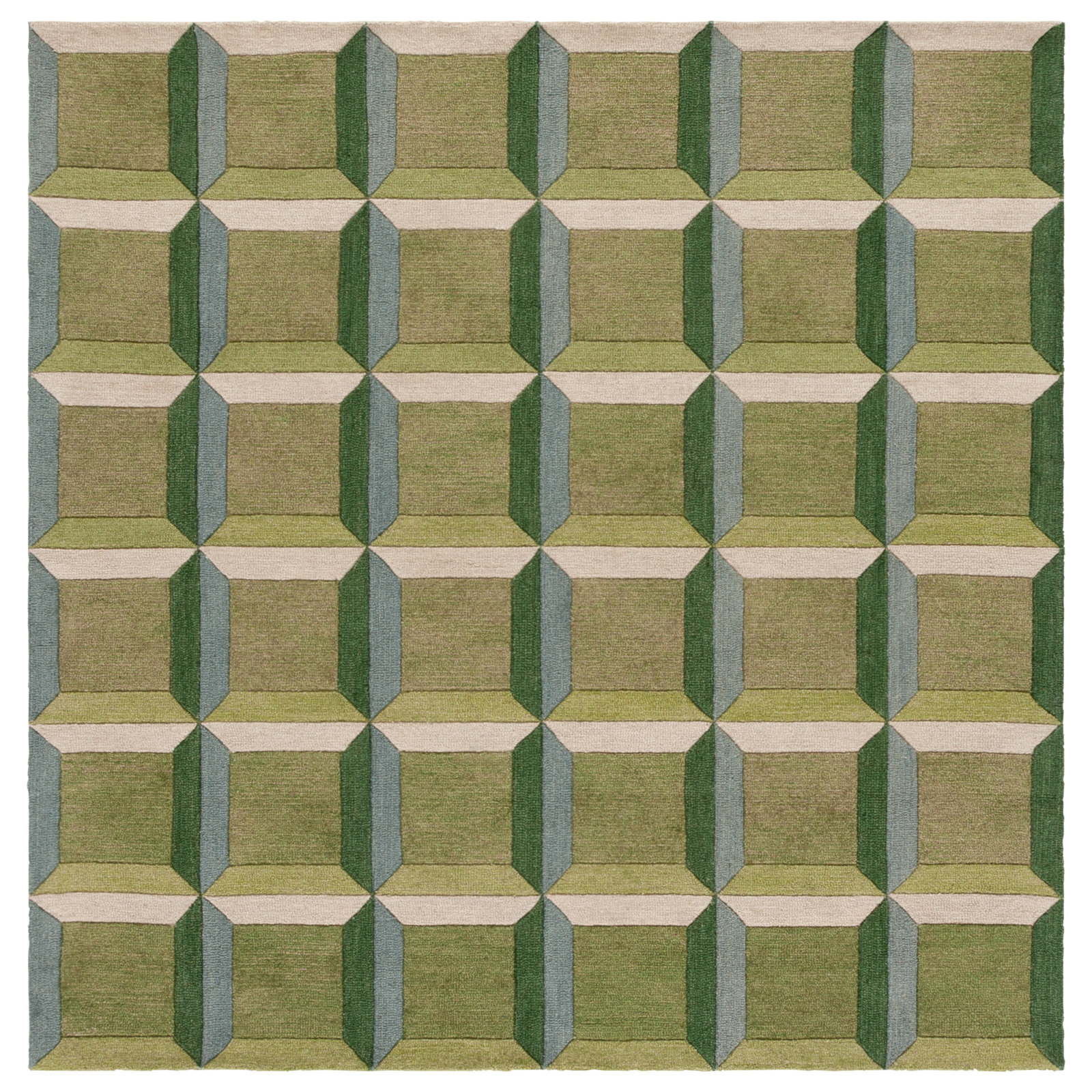 Giedre Green Beige Hand-Tufted Wool Rug, Square 6'