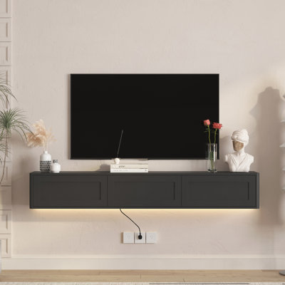 Étagère murale murale avec lumières DEL et prise de courant, support noir flottant pour le salon, 3 ports standard 2, lumières de 16 couleurs, grande capacité de rangement, construction, armoire de style simple